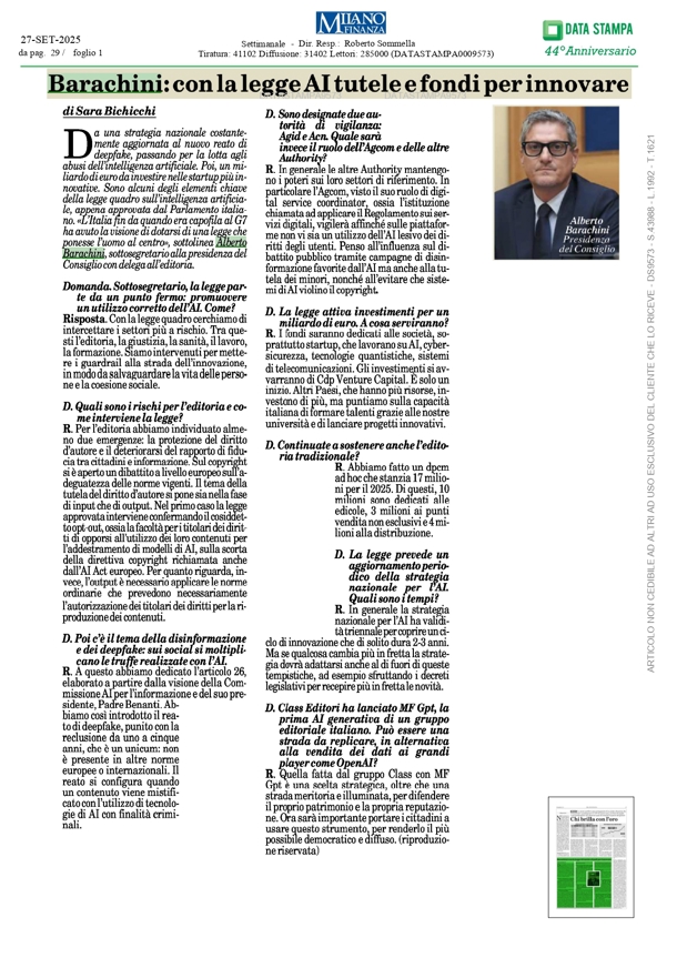 Intervista del Sottosegretario a Milano Finanza